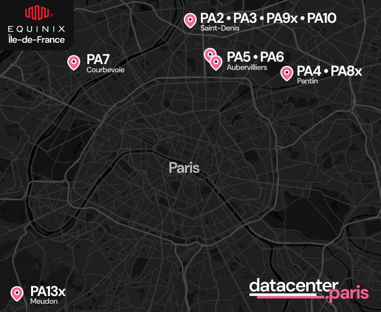 Map of all Equinix Datacenters in Paris/Île-de-France with PA2/PA3/PA9x/PA10, PA5/PA6, PA4/PA8, PA7, PA13x